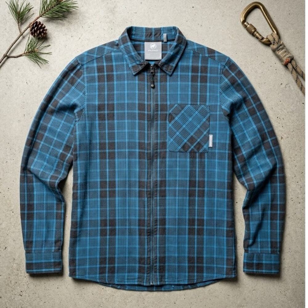 Mammut Men's M Full Zip Plaid Shirt Blue Black Shacket Mid-Layer Hiking